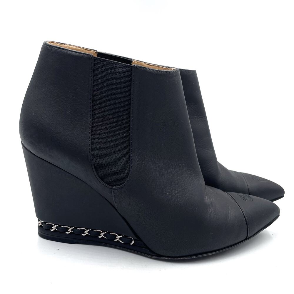 Chanel Wedge Booties Black Leather CC Logo Chain Pointed Ankle‎ Sz 37.5 / 7.5
